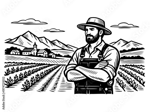 Bearded Farmer in a Straw Hat Stands With Arms Crossed in a Vast Cultivated Field, a Quaint Village and Towering Mountains Visible Under a Cloudy Sky