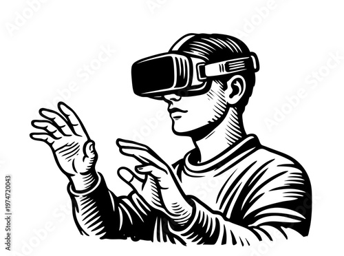 Young Person Wearing a Virtual Reality Headset Actively Engages With an Immersive Digital Environment, Gesturing With Hands in a Modern Technological Scene