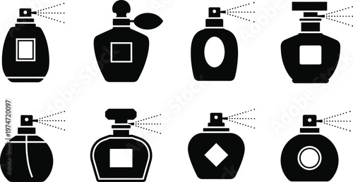 Elegant perfume bottle icon set black vector illustration for fragrance beauty and cosmetic designs