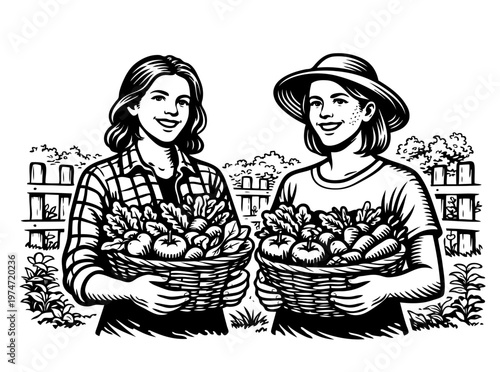 Farm Women Proudly Display Their Bountiful Harvest of Fresh Fruits and Vegetables in Woven Baskets Gathered From Their Productive Garden