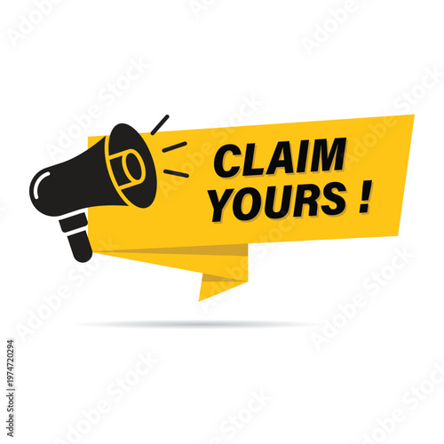 Foto claim yours yellow flat label with megaphone icon for marketing promotion and re