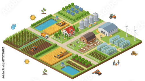 Isometric farm landscape illustration smart agriculture rural eco farming concept detailed vector style