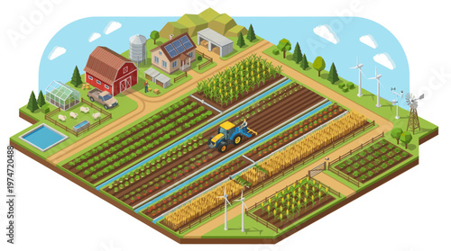 Isometric farm landscape illustration smart agriculture rural eco farming concept detailed vector style