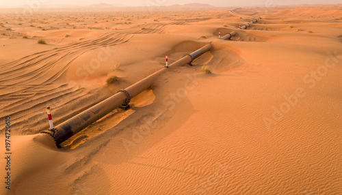 top-down, areal drone view of gas pipeline cutting through desert dunes