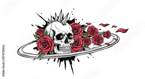 Punk rock skull with mohawk spikes and red roses, gothic floral skeleton vector illustration, edgy tattoo art with ink splashes and petals
