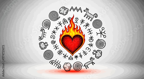 Ancient tribal petroglyph symbols surrounding a flaming red heart, mystical cave art vector, prehistoric spiritual rock painting icons