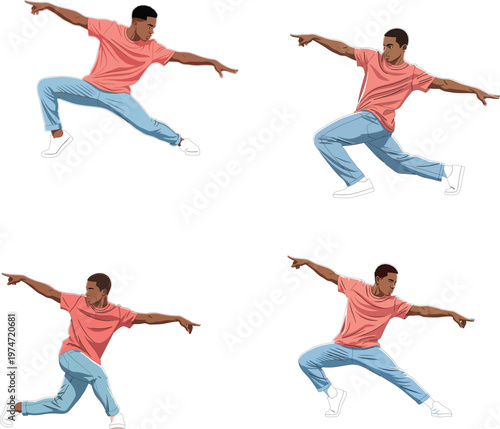 Energetic young black man performing modern hip hop dance moves or breakdance poses set, athletic male character in casual outfit