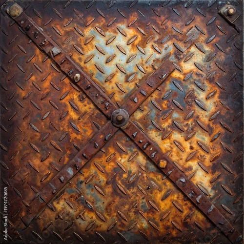 A rusty metal plate with diamond-shaped patterns