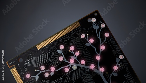 Digital cherry blossom branch growing on black computer motherboard representing organic technology and Japanese innovation