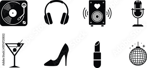 Diverse entertainment icon set vector illustration music fashion and lifestyle graphics for modern design projects