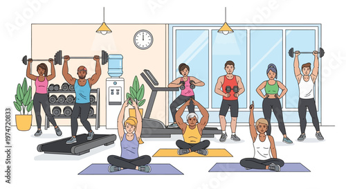 Flat Line Illustration People Exercising and Training in a Gym with Equipment