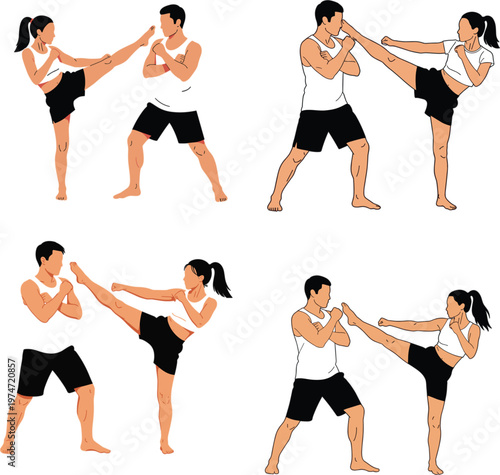 Professional female fighter performing high kick during martial arts training with male partner set, athletic couple practicing kickboxing