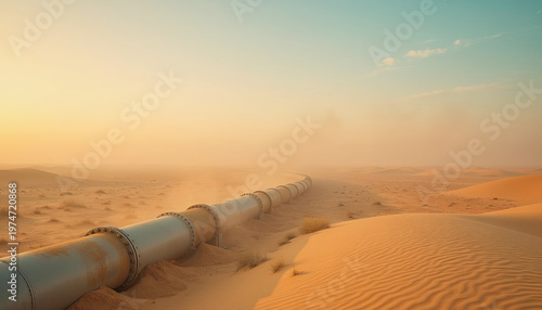 top-down, areal drone view of gas pipeline cutting through desert dunes