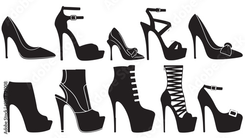 Elegant high heels silhouette collection, set of 10 fashion footwear icons, black stiletto shoes and ankle boots vector, stylish female footwear set
