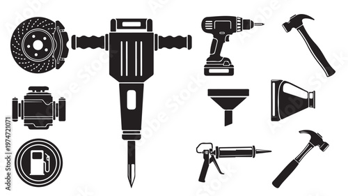 Industrial construction tools and equipment vector set, black silhouette hardware icons, professional renovation and automotive repair elements
