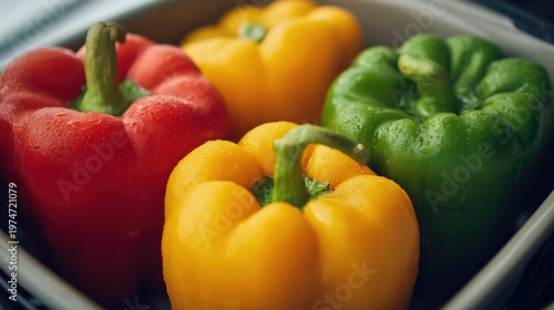 Fresh and Colorful Bell Peppers in a Container for Healthy Cooking and Culinary Inspiration at Home