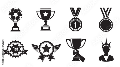 Black trophy and award icon set, 8 sports championship medals and winner cups, soccer achievement symbols for competition ranking