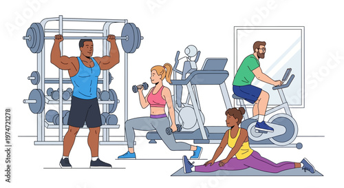 Line Art Diverse People Exercising at Gym with Weightlifting and Cardio