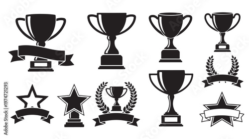 Trophy and award icons set, black silhouette championship cups with ribbons and stars, 10 vector elements for sports competition and achievement