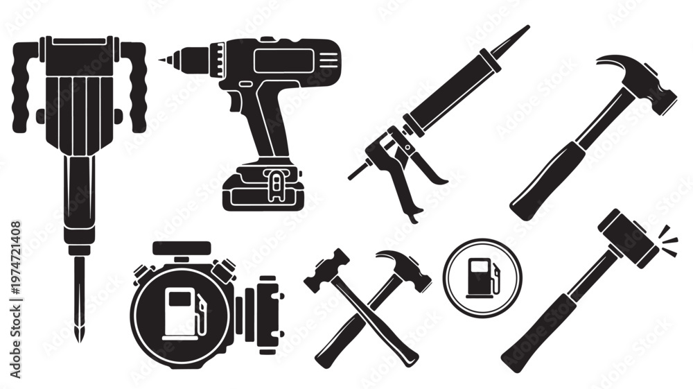 Fototapeta premium Construction tools vector icon set, industrial power equipment and hand tools collection, black silhouette hardware for building and renovation