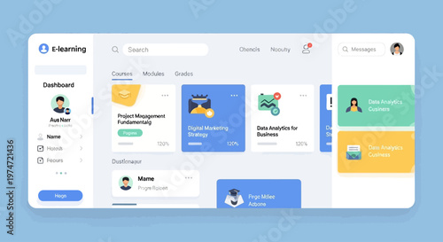 Modern e-learning platform dashboard interface with user profile and course management features.