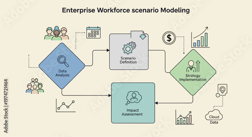 Enterprise workforce scenario modeling process with data analysis and risk assessment.