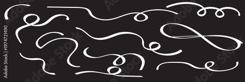 Flourish calligraphy line set. Decorative swash, vintage swirl doodle, hand drawn brush stroke underline for text. Chalkboard style vector.