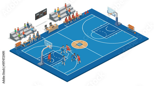 Isometric basketball court stadium illustration indoor sport arena with players and audience vector style