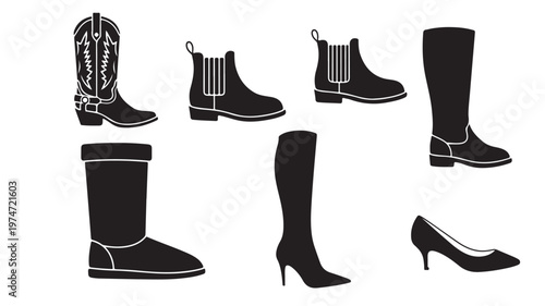Black footwear silhouette icons set, 7 vector fashion boots and shoes elements, cowboy boot and high heel stiletto graphics for retail design