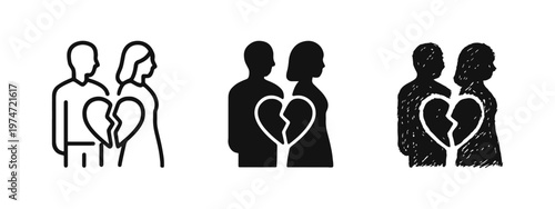 Relationship Breakup Icon Set - Broken Heart and Couple Silhouettes for Divorce and Sadness