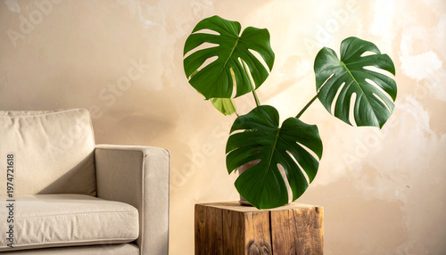 Interior Design Inspiration Monstera Plant Arrangement Modern Living Room Aesthetic Decor Natural Light Close-Up Tranquility