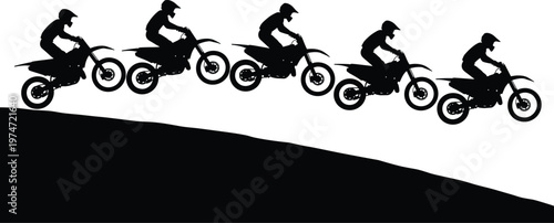 Motocross rider silhouette sequence jumping dirt bike over hill, extreme sports action vector illustration isolated on white background for racing, adventure, and off road concepts