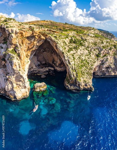 A scenic coastal landscape with a large cave and turquoise water