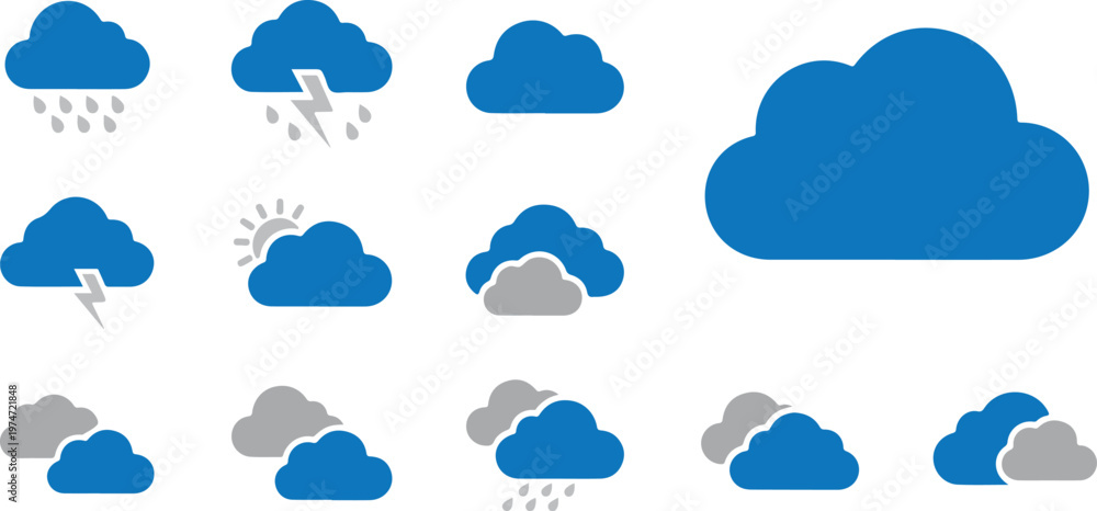 Obraz premium Weather icons set with various cloud and sun symbols Weather icon set temperature forecast symbols sun cloud rain