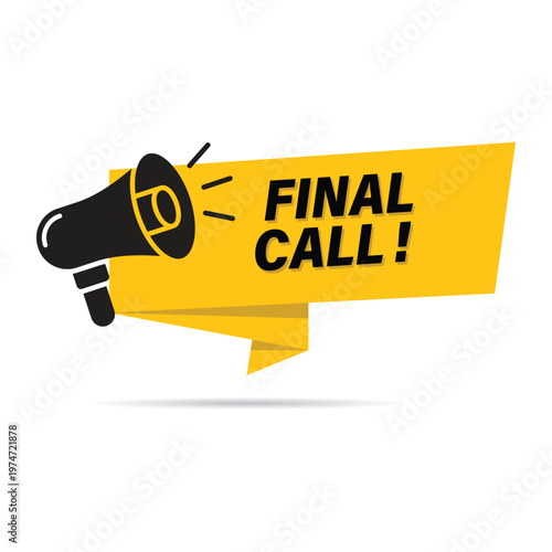Foto Yellow origami banner label with megaphone icon for urgent final call marketing