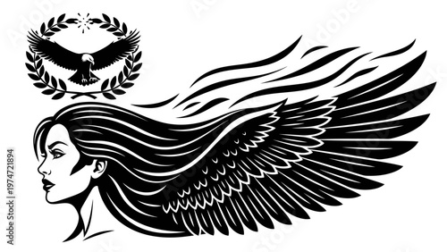 Mythical Winged Woman Profile with Eagle Laurel Wreath Emblem