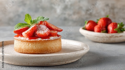 Fresh Strawberry Tart Dessert on Natural Plate with Mint Leaf Garnish and Background of Strawberries on Rustic Table