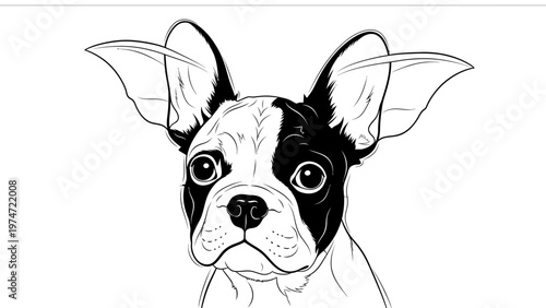 Boston Terrier Dog Portrait, Black and White, Big Ears, Cute Puppy Face, Line Art Illustration