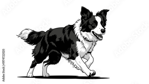 Energetic Border Collie Dog Running, Black and White Pixel Art Illustration