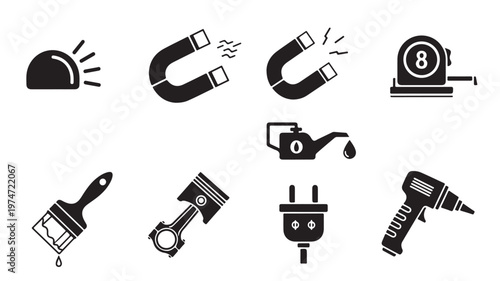Industrial tool icons set, black silhouette hardware equipment, mechanical repair and construction vector elements for workshop manuals