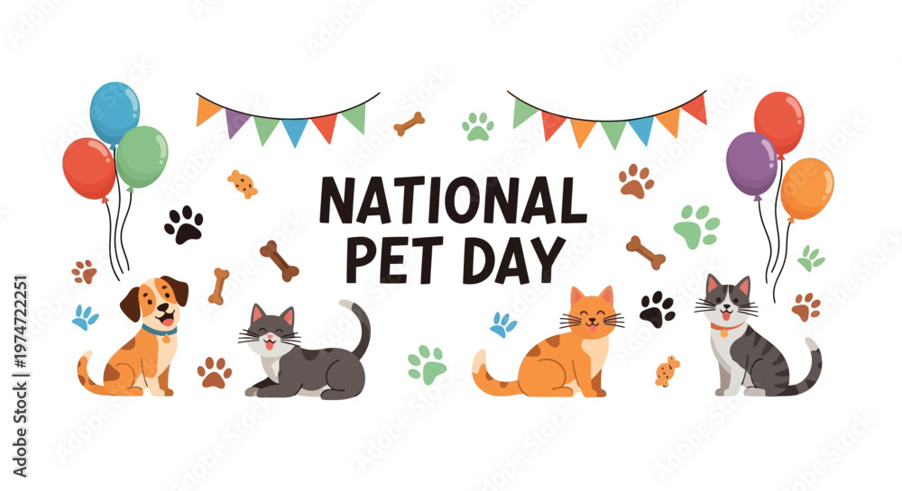 Obraz premium Celebrating national pet day with a vector illustration design, depicting cute cartoon dogs and cats under colorful balloons and a festive garland against a clean white background