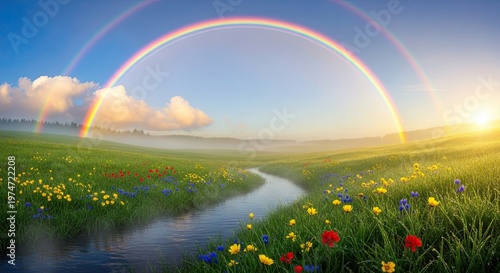 Rainbow over a serene landscape.