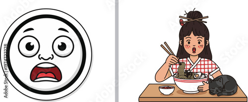 A shocked white emoji face with wide eyes and an open mouth next to a cartoon illustration of a girl eating noodles with chopsticks while a black cat sits nearby. Playful vector character design.