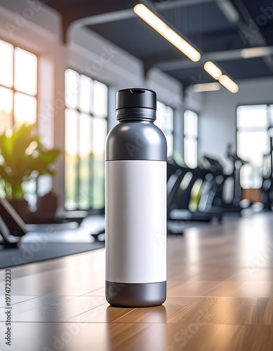 A sleek water bottle with a white label stands on a wooden floor, set against a blurred gym scene with sunlight streaming