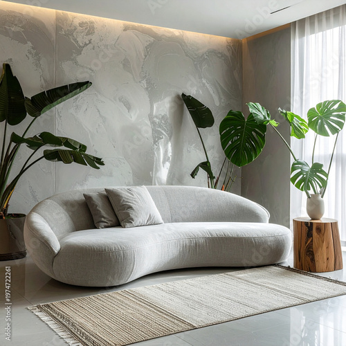 Modern Living Room Design Featuring Curved Sofa and Indoor Plants Contemporary Home Interior Design Bright Atmosphere Minimalist Style