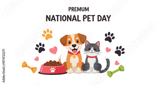 Whimsical vector illustration celebrating National Pet Day, showcasing a happy dog and cat beside a food bowl and toys, set against a clean white background with paw prints and hearts