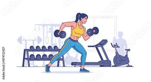 Modern Lineart Strong Woman Lifting Dumbbells in Gym Interior Illustration