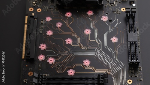 Digital cherry blossom branch growing on black computer motherboard representing organic technology and Japanese innovation
