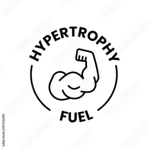 Simple hypertrophy fuel logo design with muscular arm illustration for sports supplement and bodybuilding identity