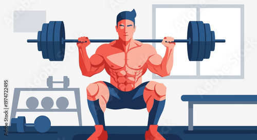Modern Geometric Strong Man Barbell Squat Exercise in the Gym Illustration